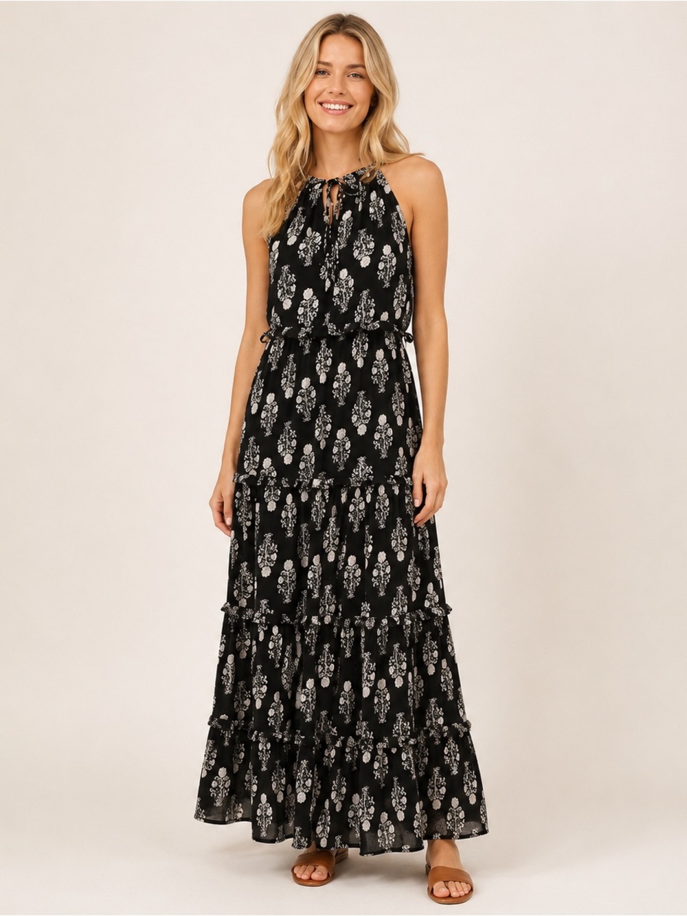 Caroline Constas Black Ivory Floral Halter Maxi Dress Size XS 6073